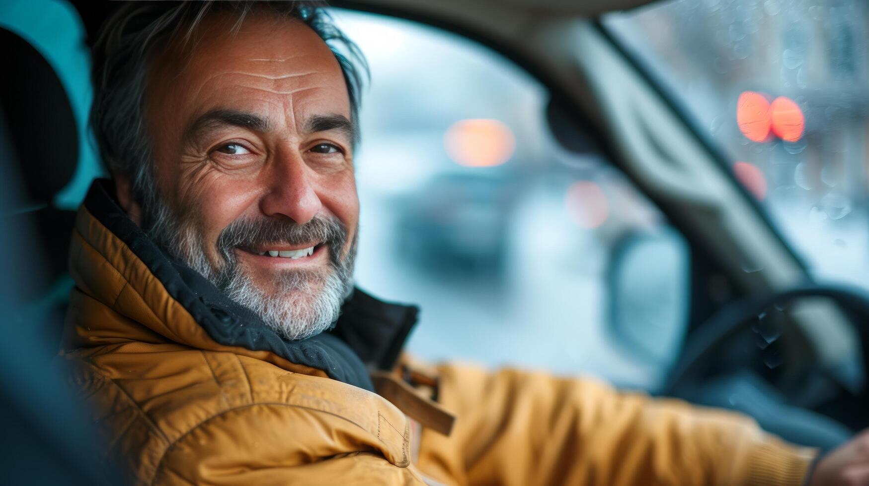 AI generated Taxi driver smiling and looking at the camera from the window of his car photo