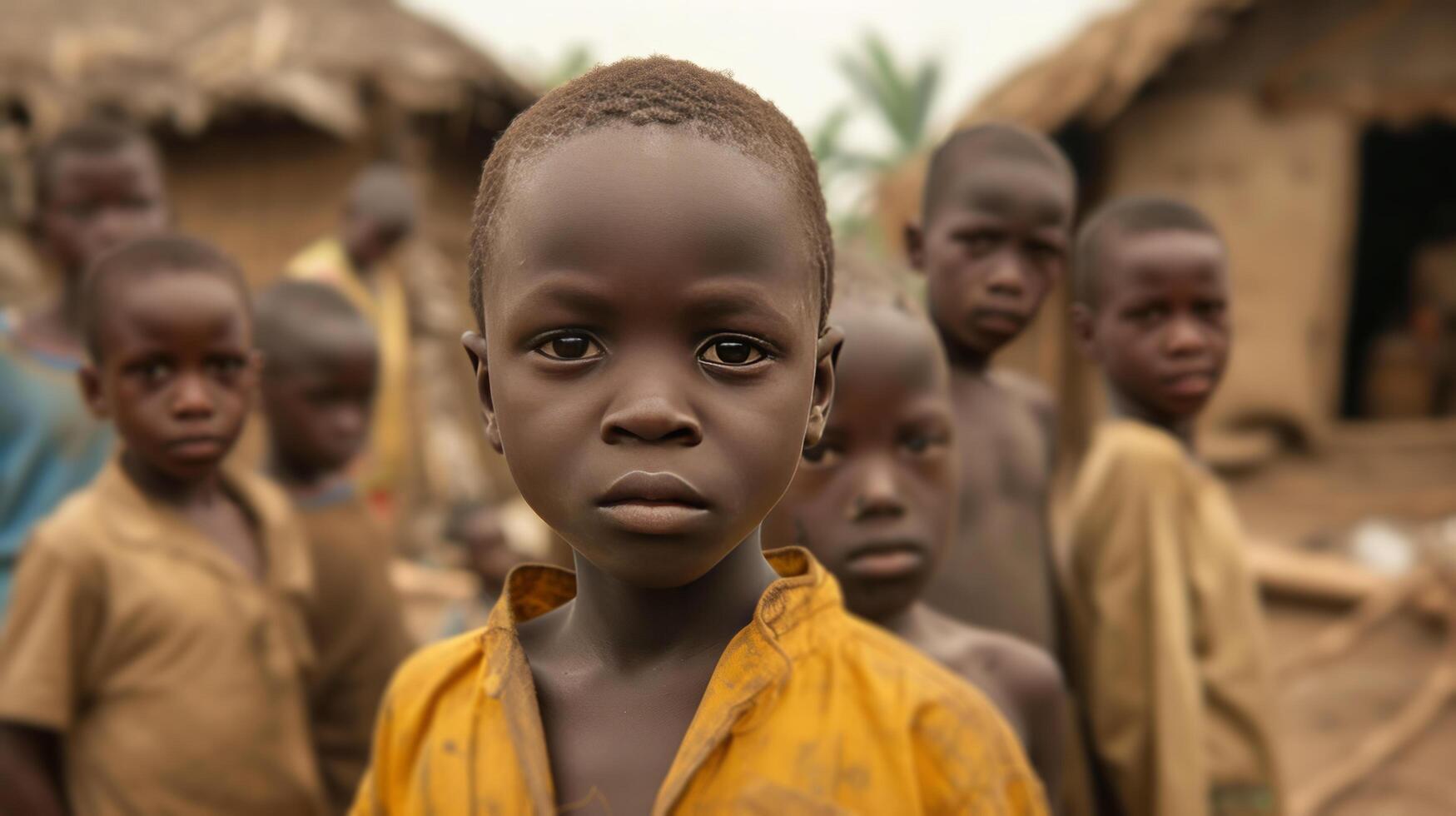 AI generated several poor African boys in a poor African village photo