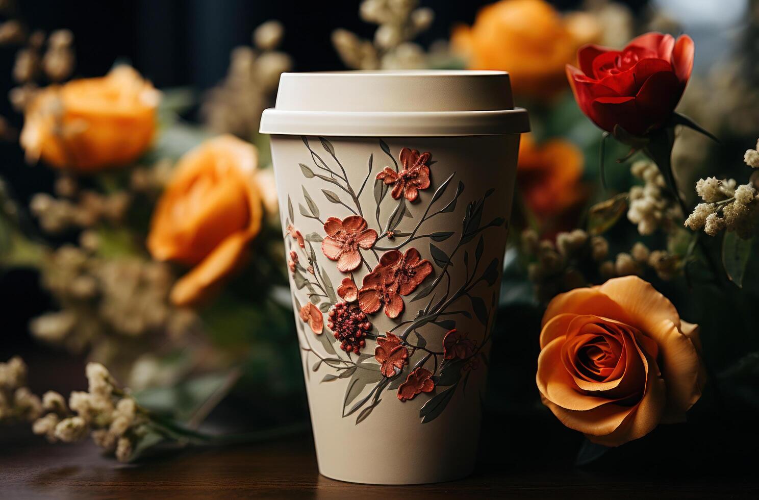 AI generated a paper cup with flowers next to it, photo