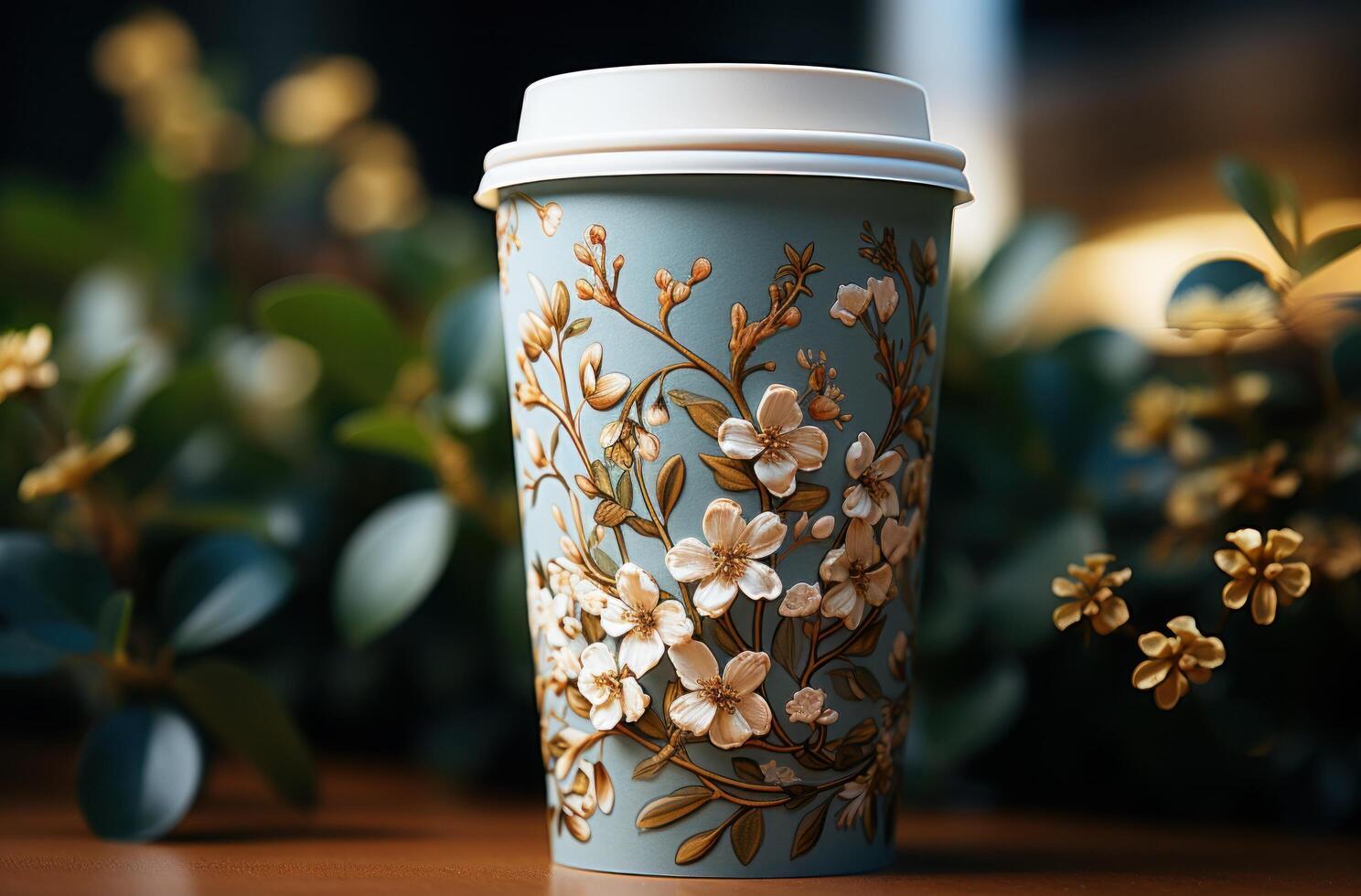 AI generated a paper cup with flowers next to it, photo