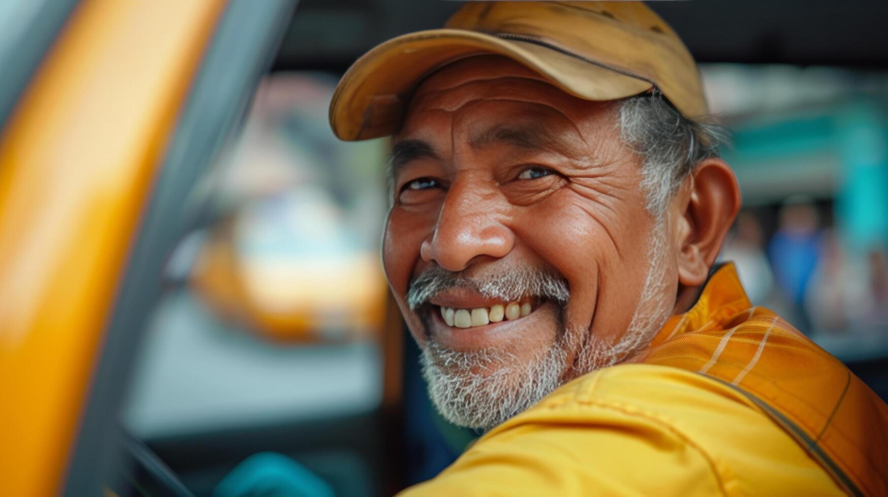 AI generated Taxi driver smiling and looking at the camera from the window of his car photo