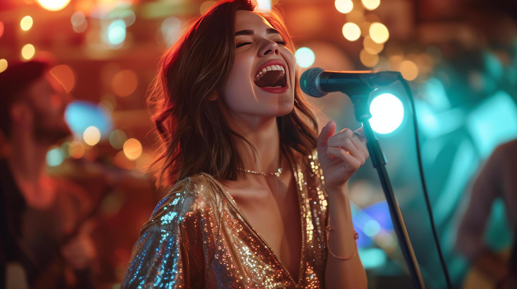 AI generated Woman in golden dress sings into a microphone at karaoke photo