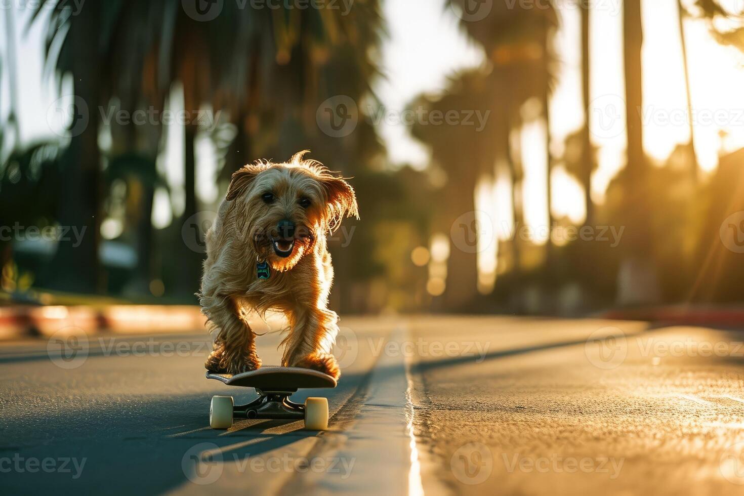 AI generated Skateboarding dog. Funny dog rides skateboard on the street in summer city photo