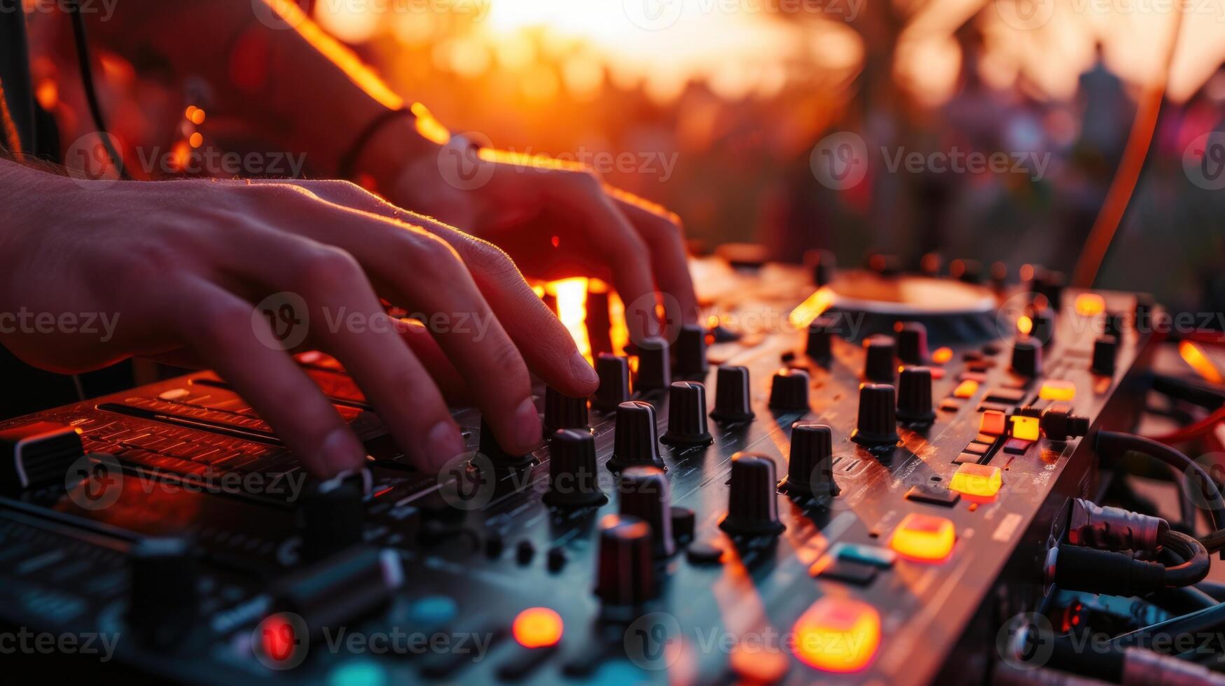 AI generated Close up of sound mixer equipment, Dj mixing music outdoor at party festival photo