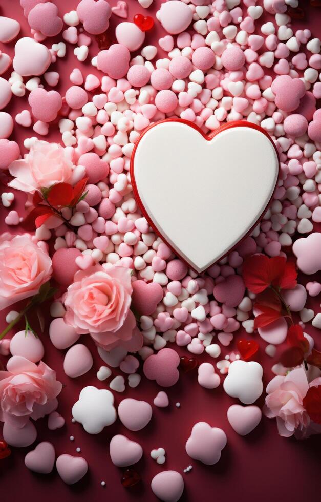 AI generated an empty card and valentine's day candy are arranged on a pink background, photo