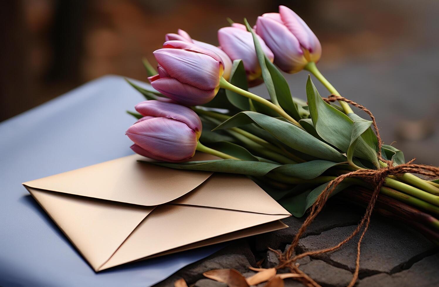 AI generated a pink tulip sitting an envelope and a note, photo