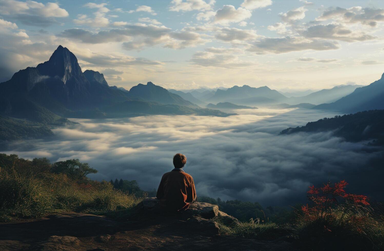 AI generated a man is standing on the top of mountains, photo