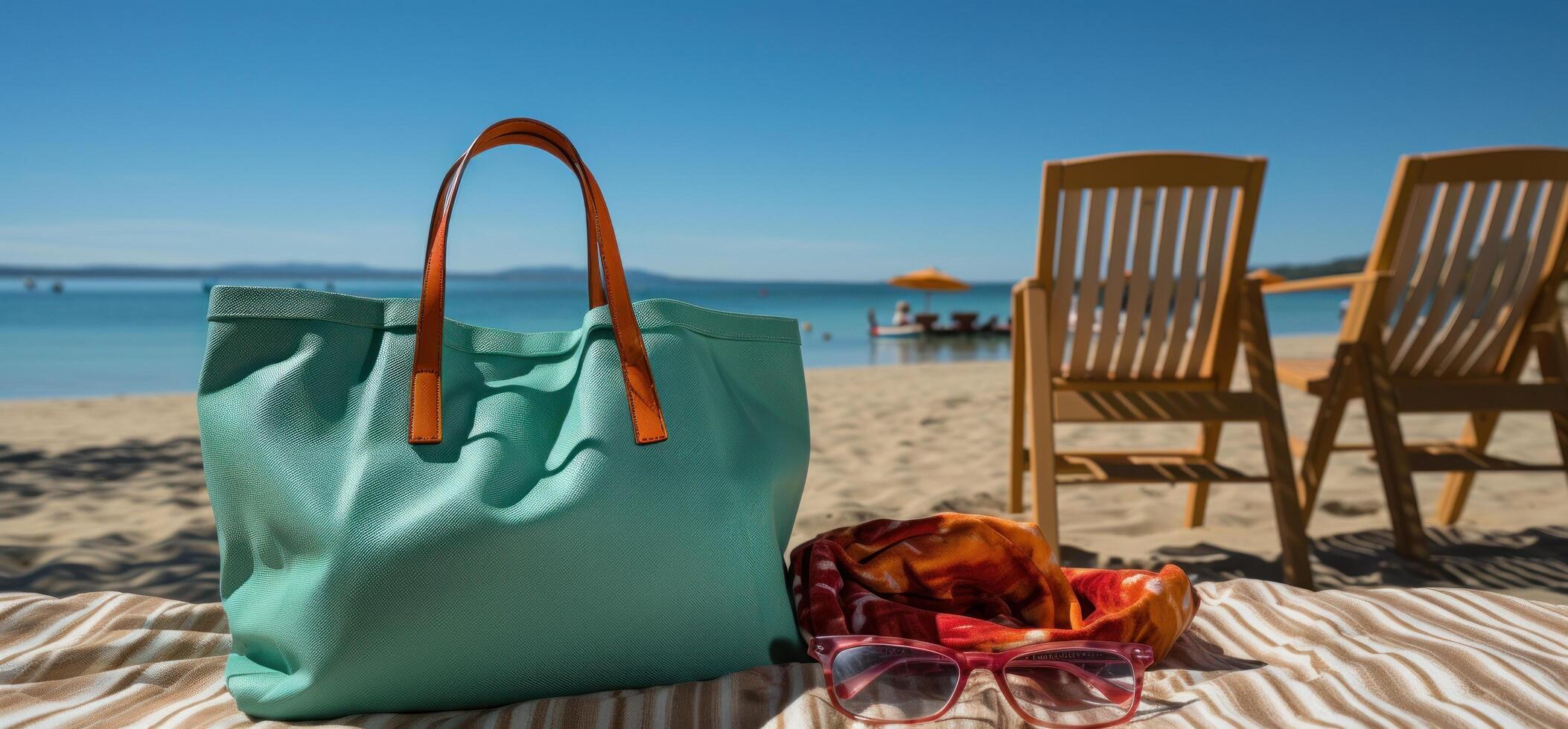 AI generated beach bag filled with towels, beach chairs, sunglasses and beach equipment, photo