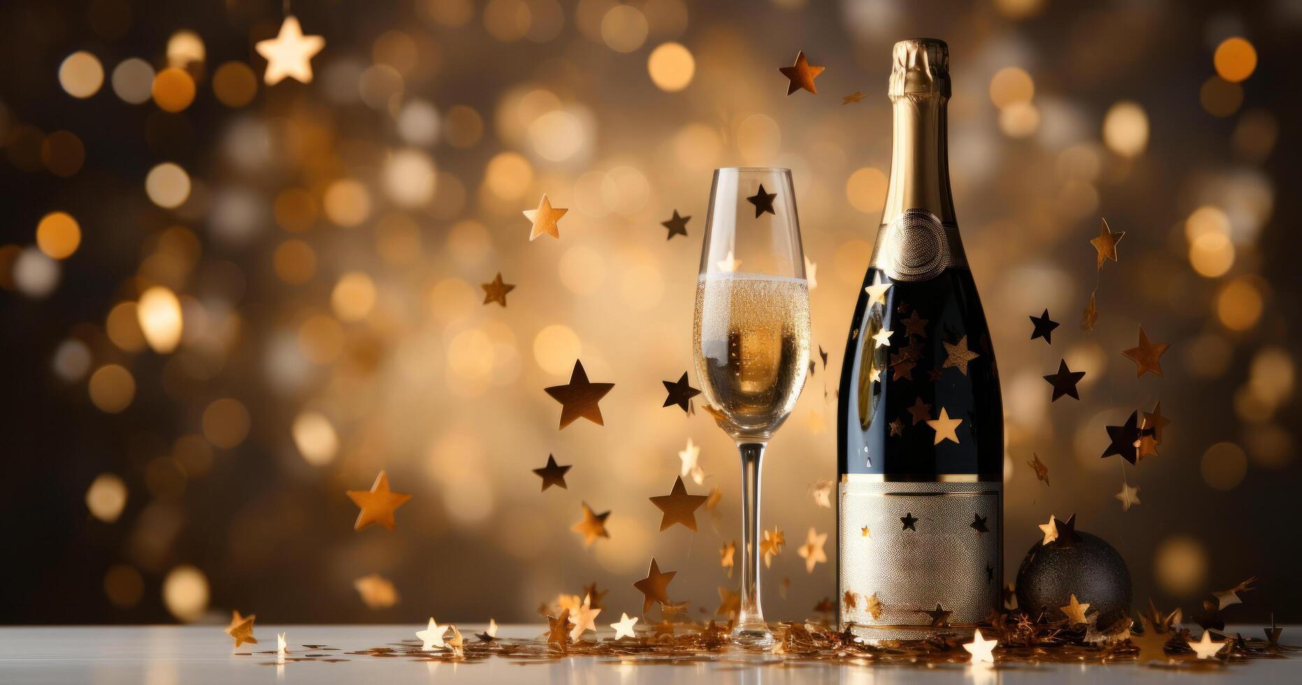 AI generated a bottle of champagne and stars are floating on a beige background, photo