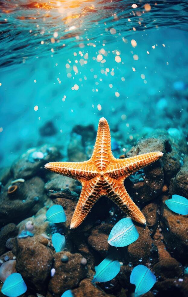 AI generated starfish in a clear turquoise sea that is bordered photo