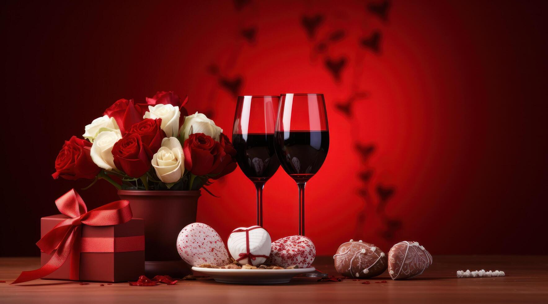 AI generated a pair of glasses, a bottle of wine and a gift on top of a red background, photo