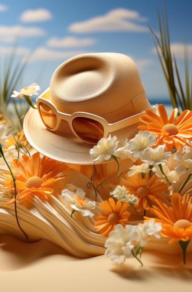 AI generated a yellow sun care item is next to a beach hat, sunglasses photo