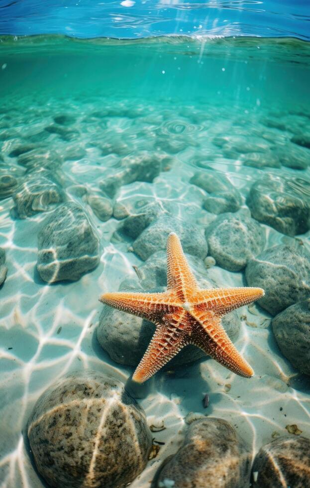ai generado estrella de mar en un claro turquesa mar ese es bordeado foto
