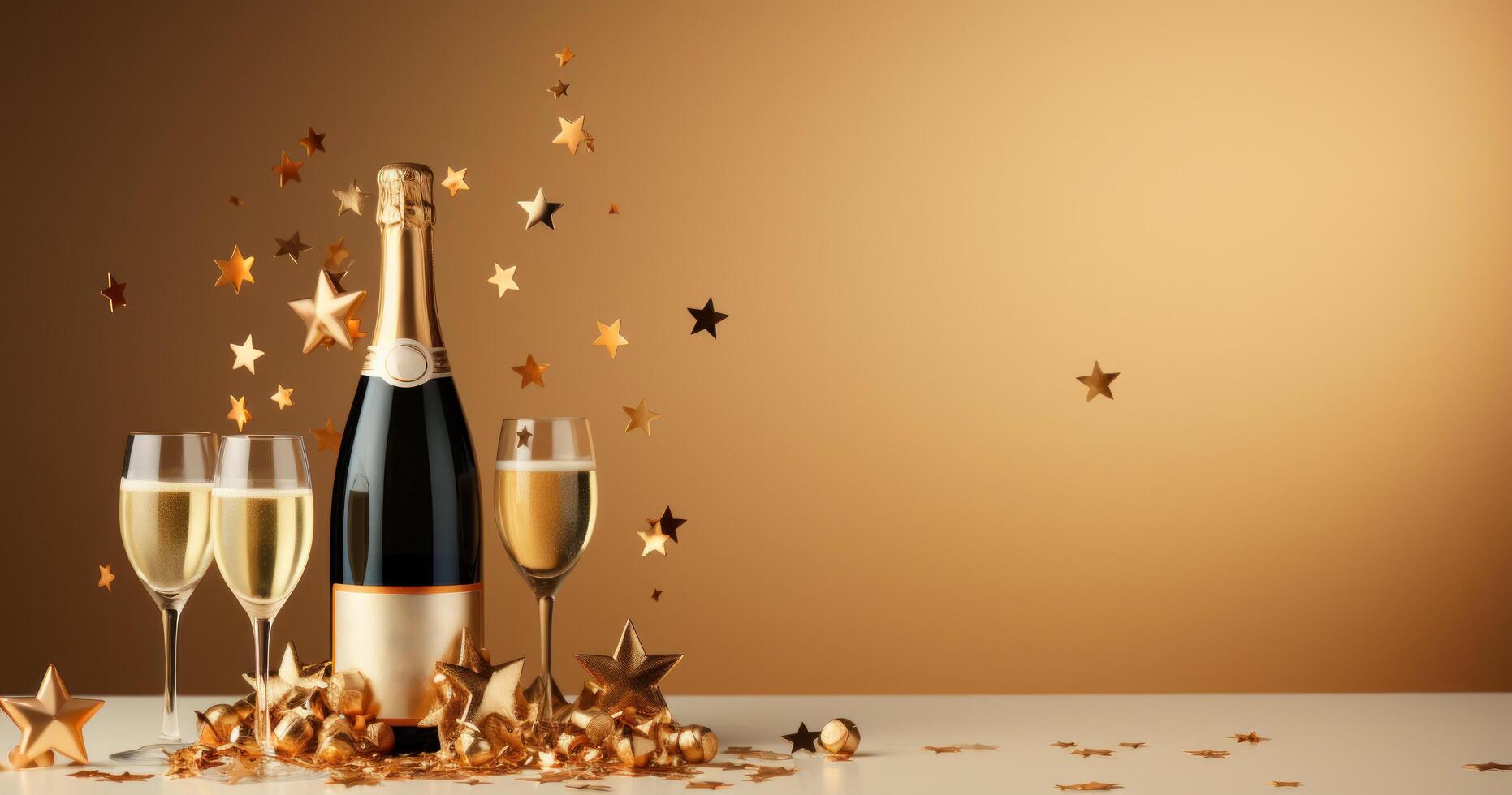 AI generated champagne bottle, stars and champagne flutes on beige background, photo