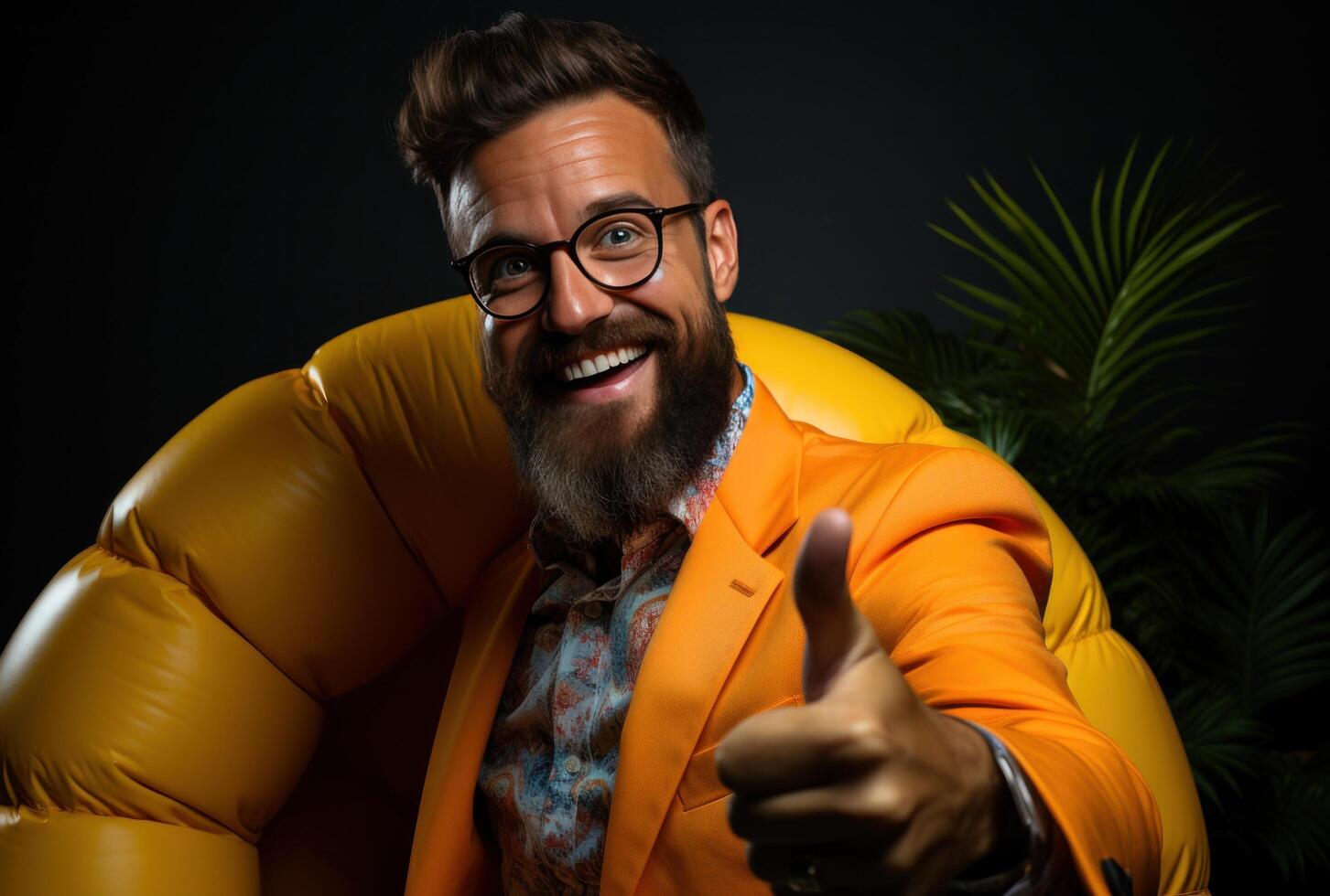 AI generated A young man holding a floatie is pointing to his thumb, photo