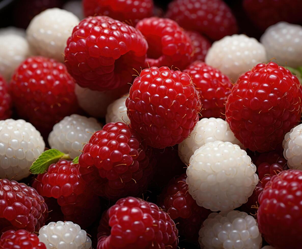AI generated close up photo of red raspberries and white raspberries,