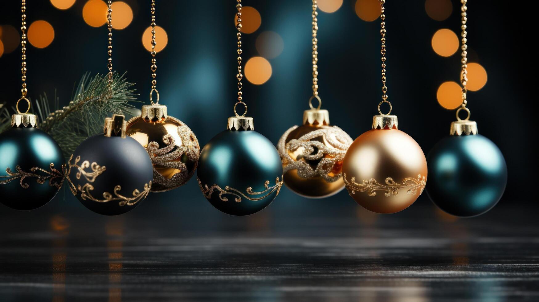 AI generated christmas branch and balls on dark background, photo