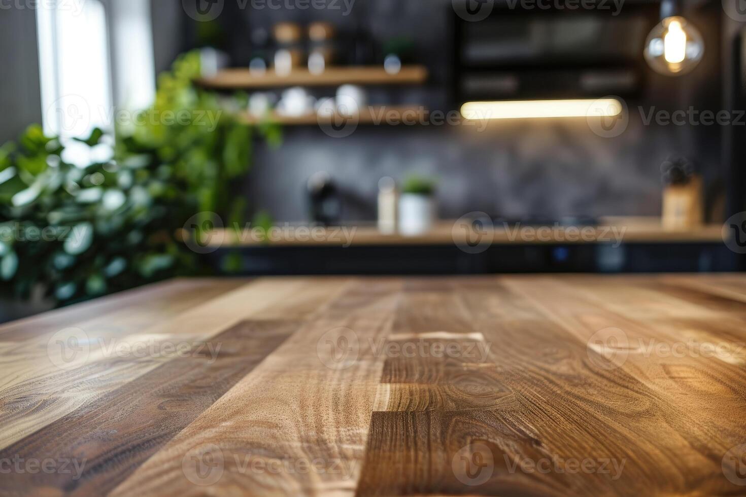 AI generated Empty counter table top for product display in modern kitchen interior photo