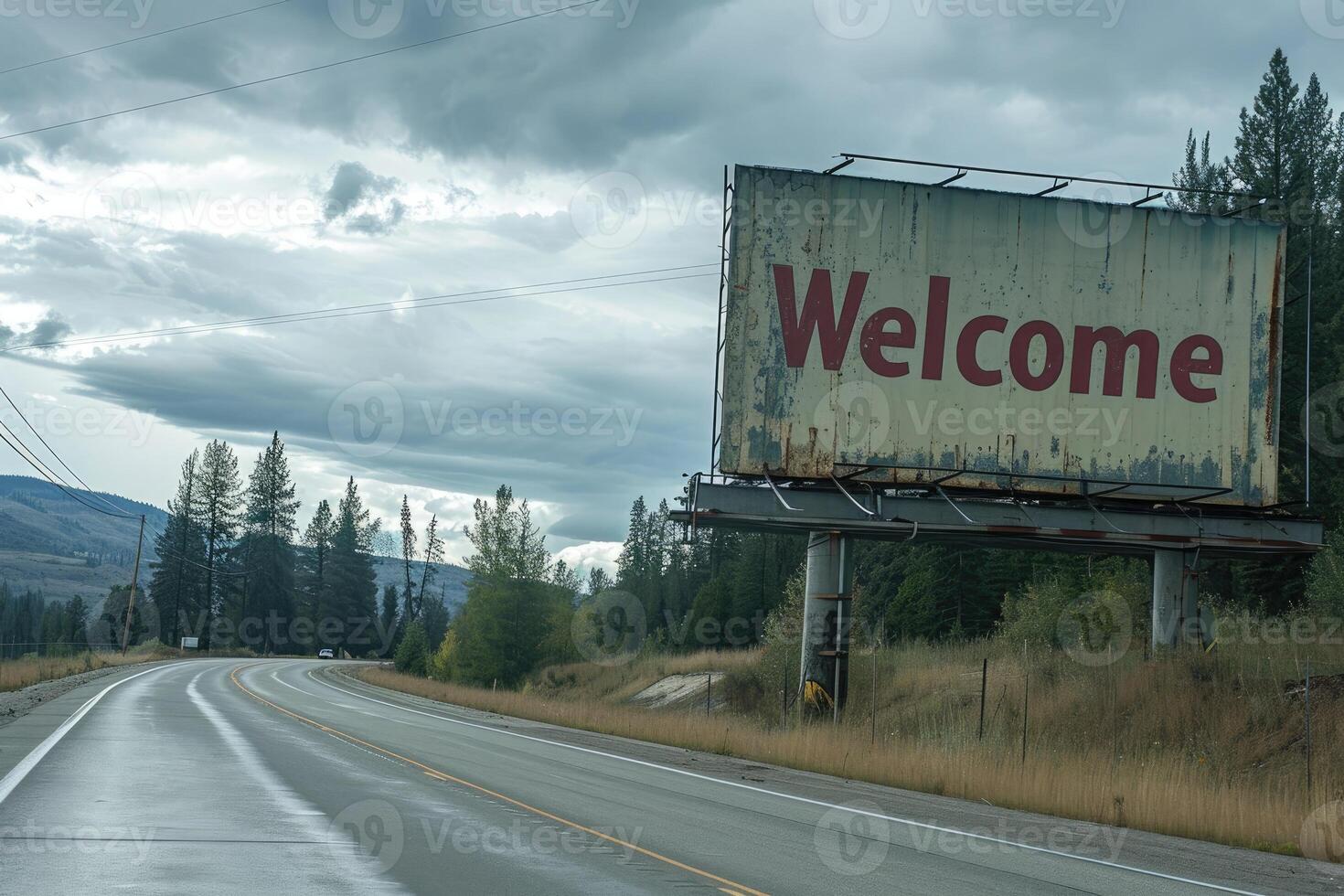 ai generado el palabra Bienvenido en la carretera firmar cartelera, Bienvenido a autopista la carretera firmar foto