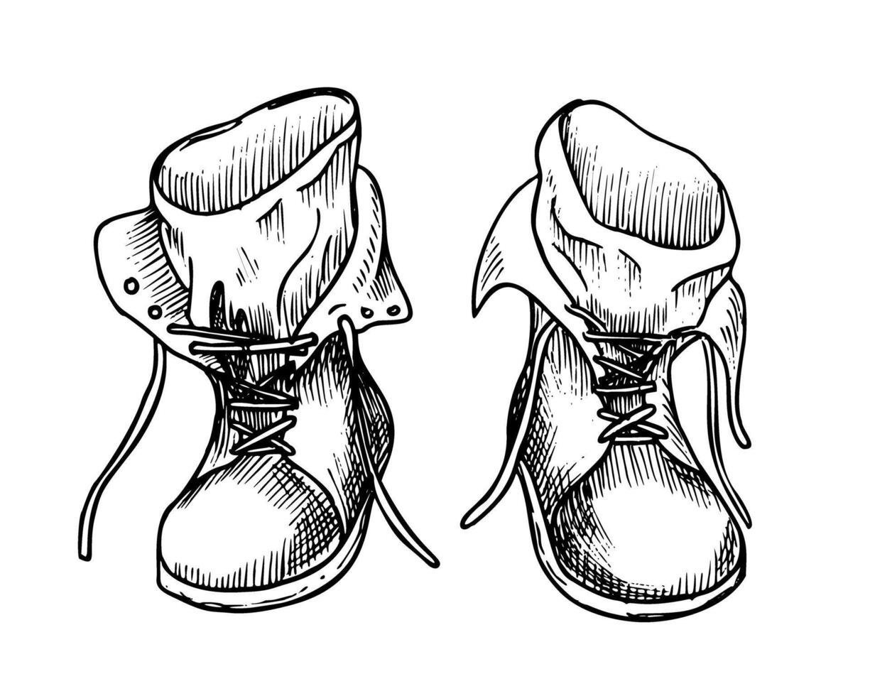 Vintage Boots for hiking vector illustration. Hand drawn linear drawing of retro leather travel shoes for tourism and camping. Sketch of military footwear for journey and exploration. Monochrome art