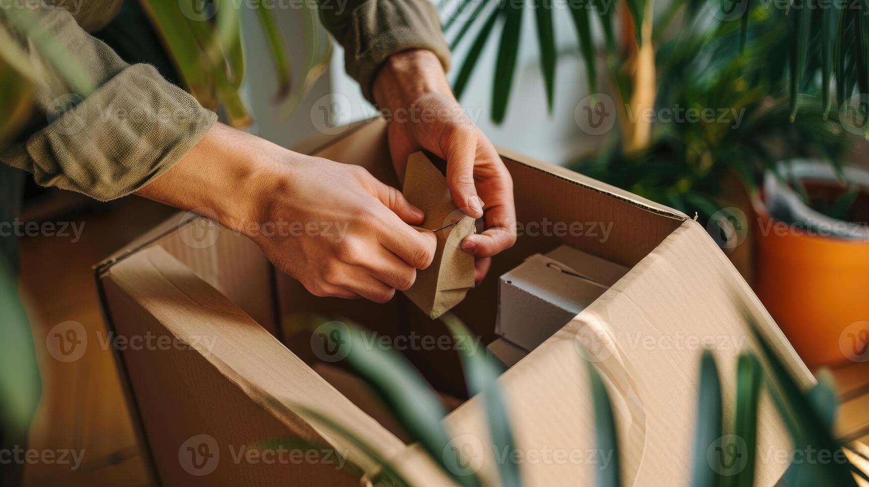 AI generated Close up of hands packing a cardboard box in the home office, Online Shopping and delivery concept photo