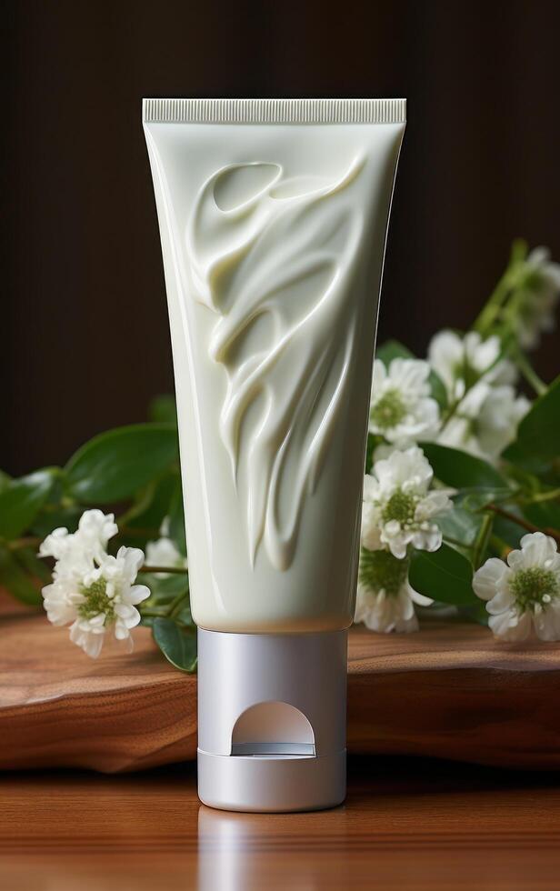 AI generated a white tube of cream on a table, photo