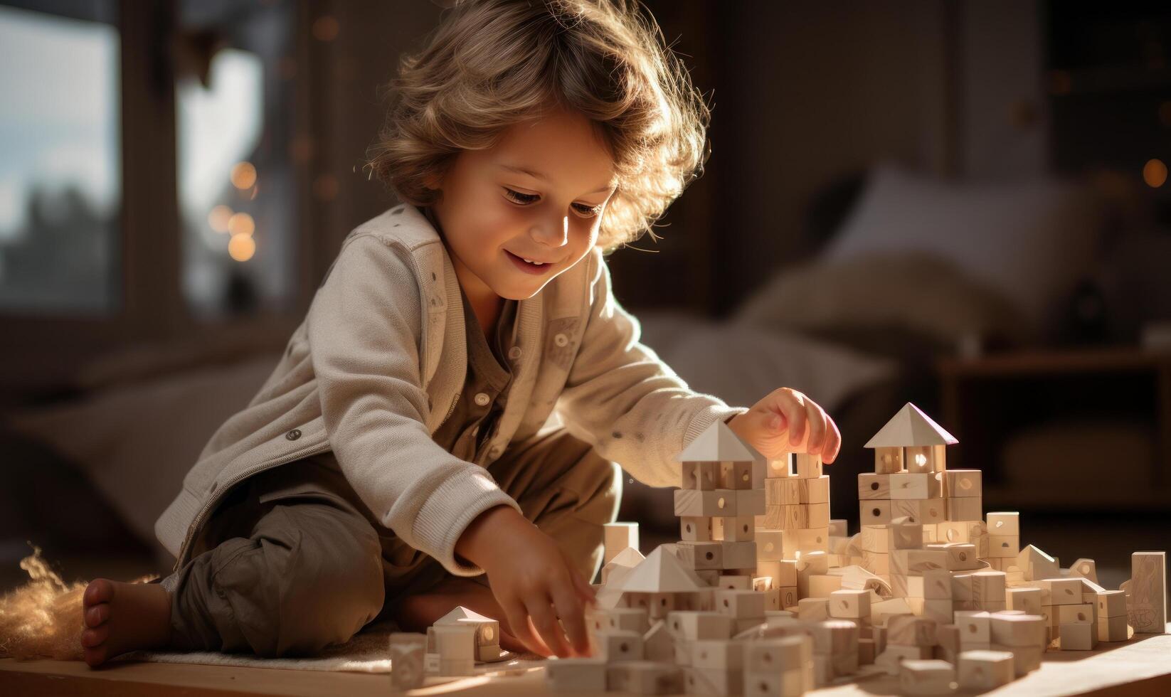 AI generated father and boy play with blocks photo