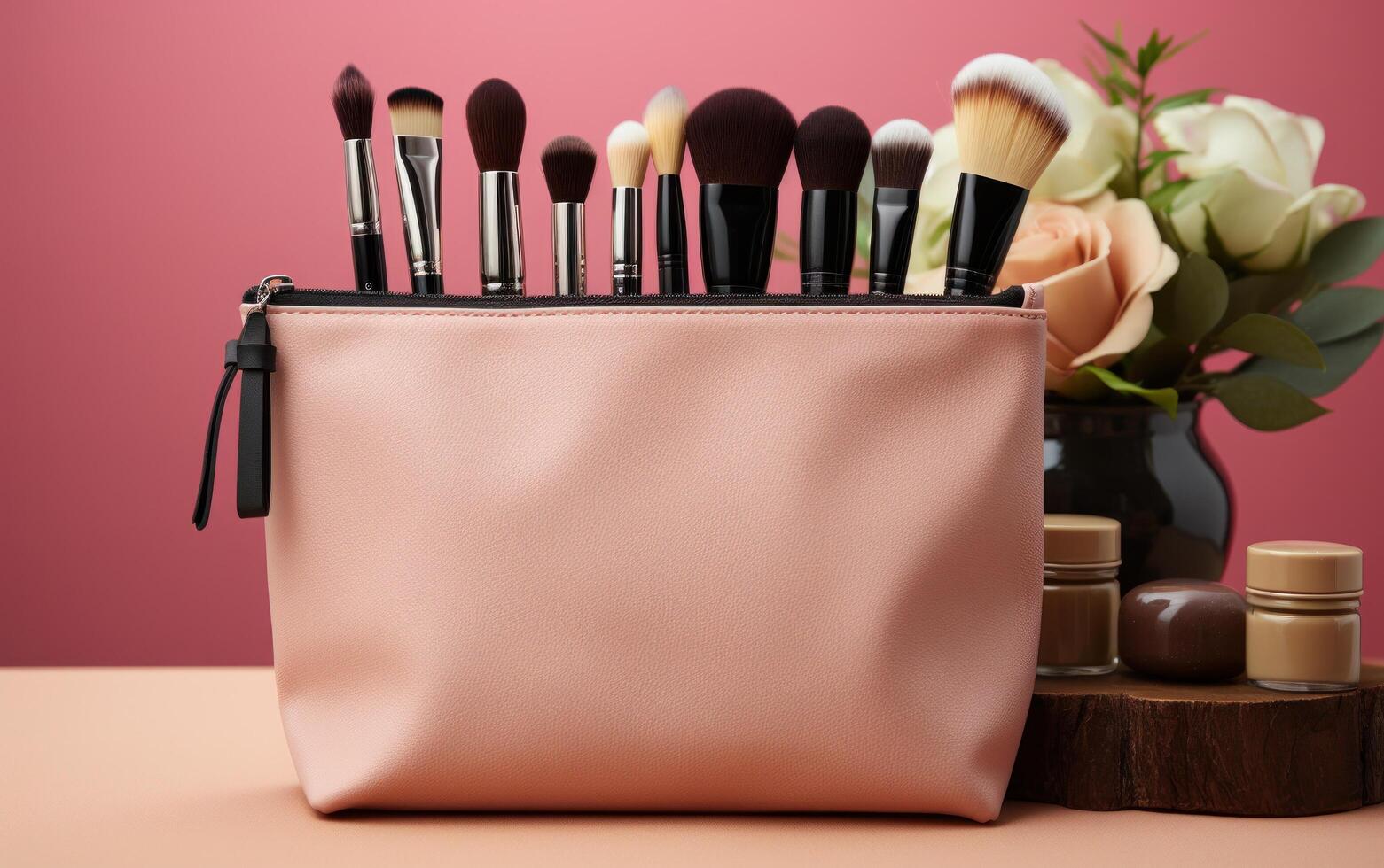 AI generated cosmetic makeup bag with accessories, cosmetics on a pink background, photo