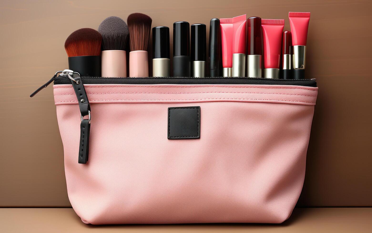 AI generated cosmetic makeup bag with accessories, cosmetics on a pink background, photo