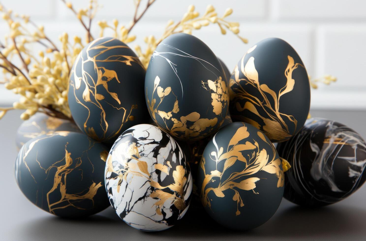 ai generado Pascua de Resurrección huevos con oro frustrar y eucalipto verde en mármol, foto
