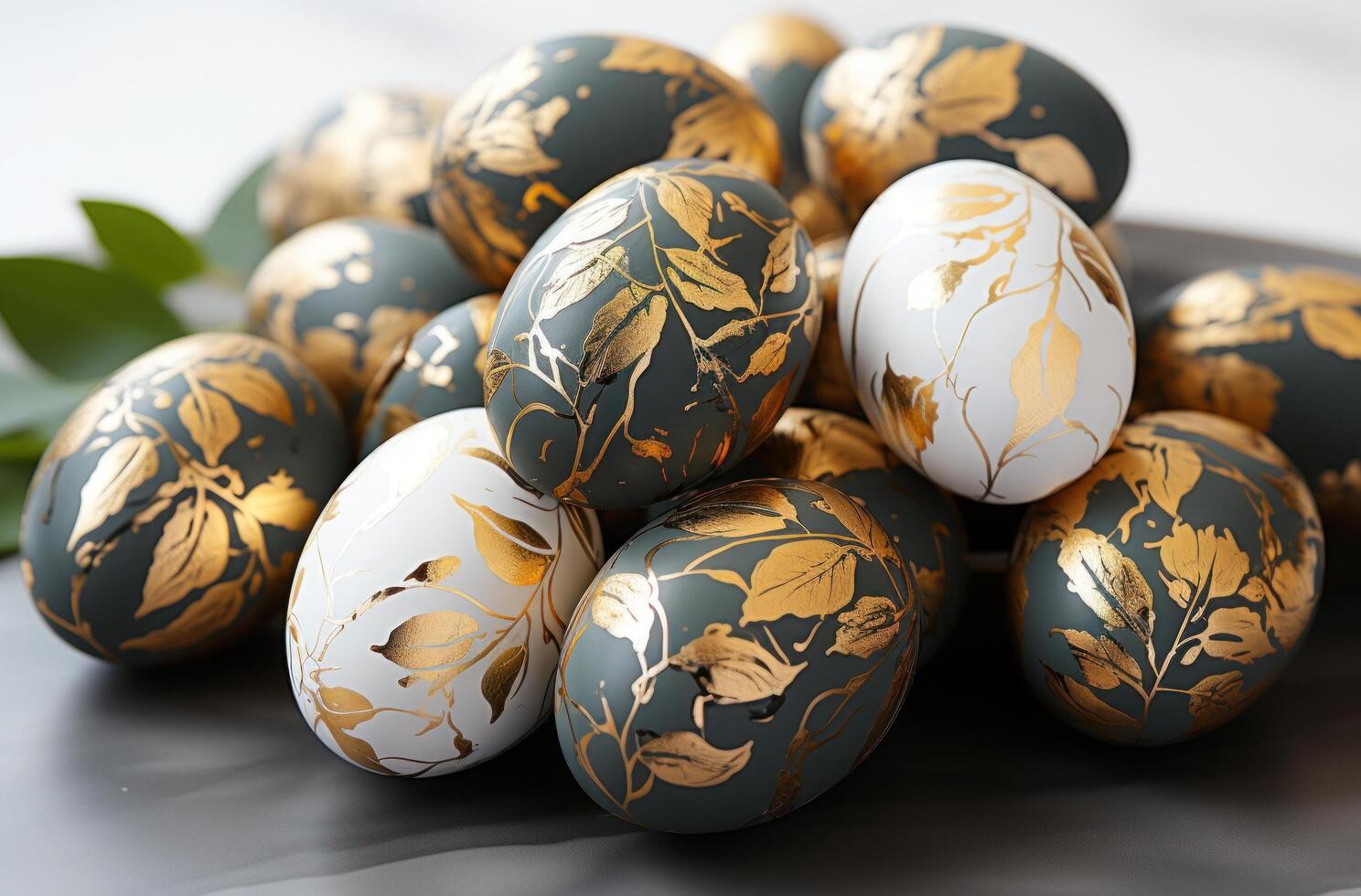 ai generado Pascua de Resurrección huevos con oro frustrar y eucalipto verde en mármol, foto