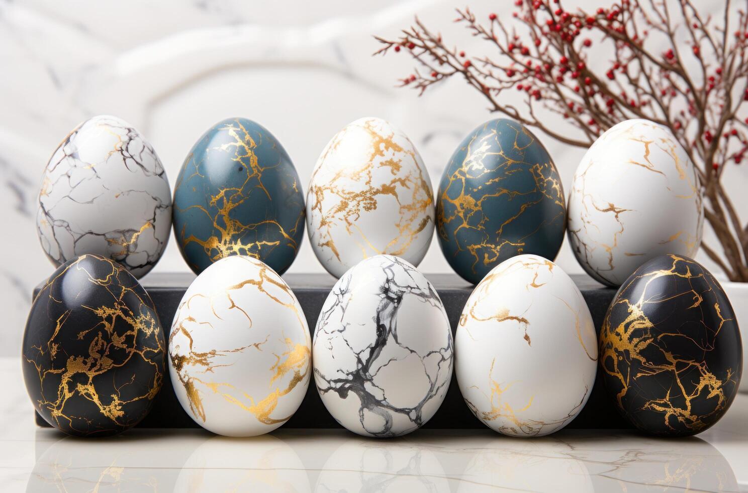 ai generado Pascua de Resurrección huevos con oro frustrar y eucalipto verde en mármol, foto