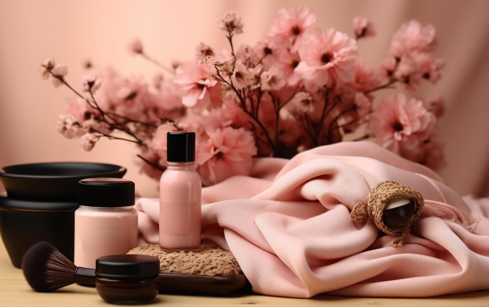 AI generated beauty product items are displayed on a pink background, photo