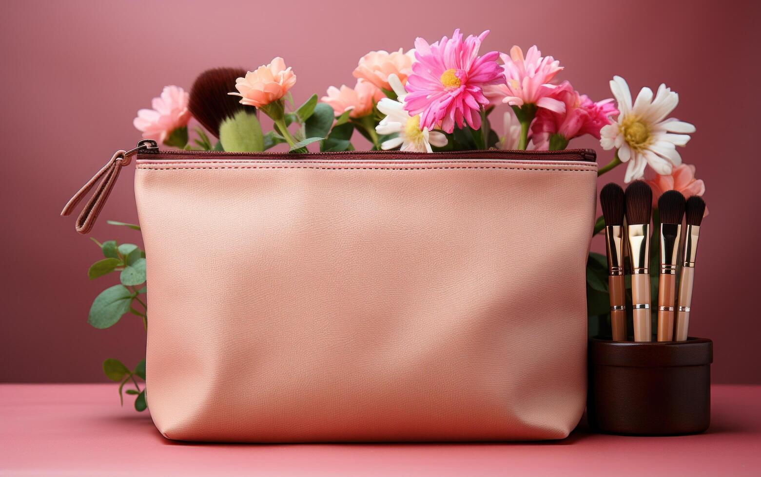AI generated makeup bag over pink background empty make up cosmetics pouch with cosmetics on top, beige photo