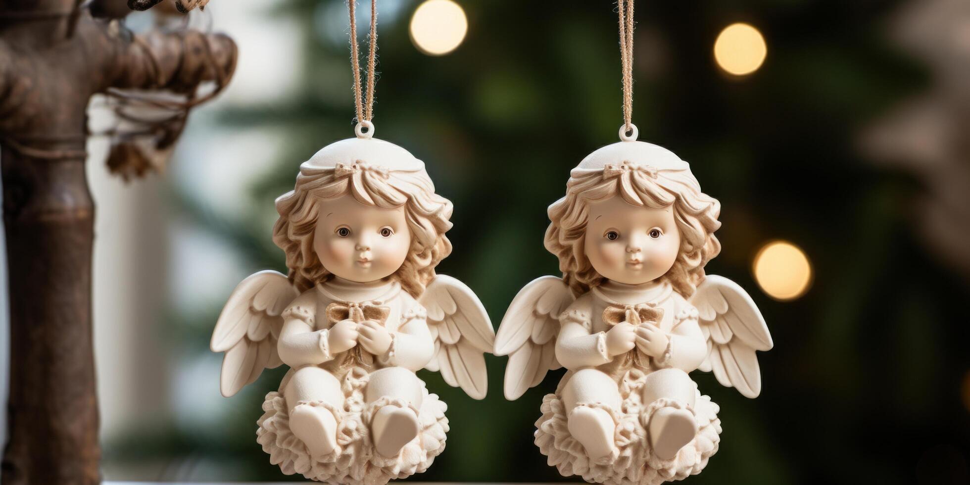 AI generated two christmas angels hanging from a christmas tree photo