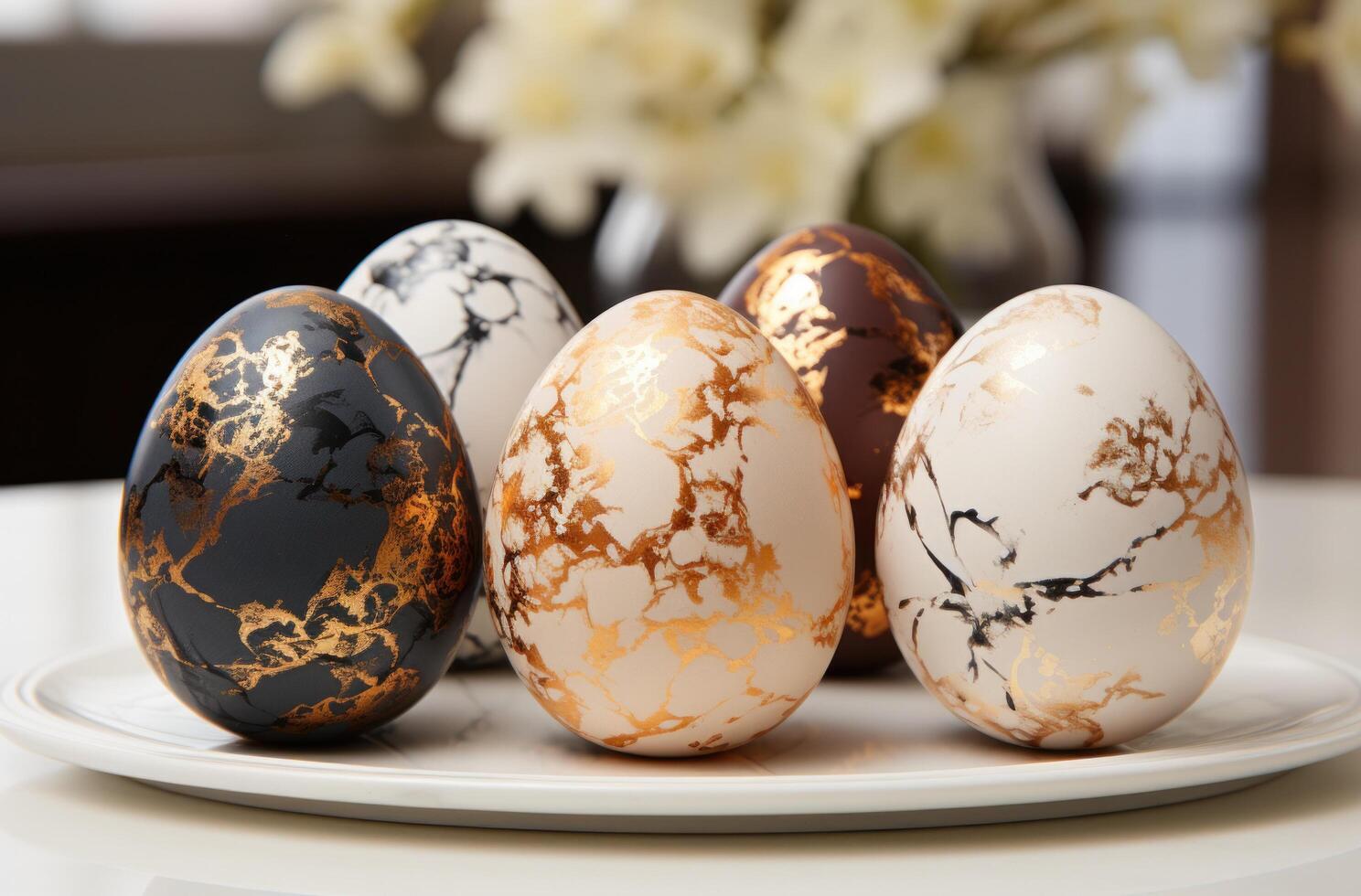 AI generated four black and white easter eggs on a white marble, photo