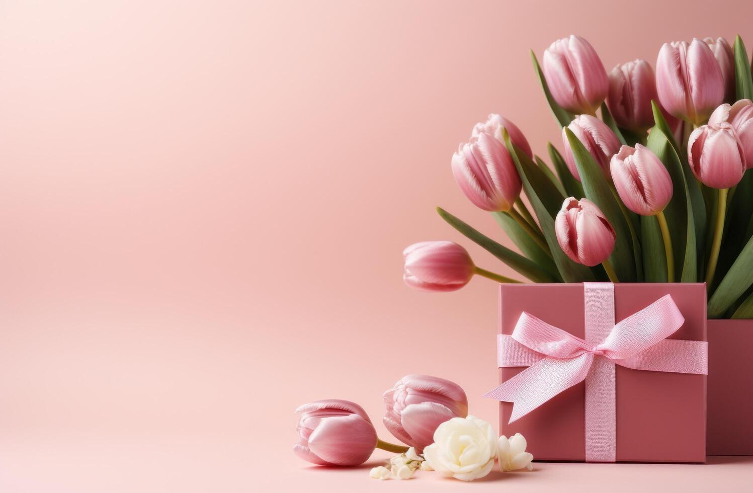AI generated gift box with pink ribbon and baby's breath, pink tulips, and pink flowers photo
