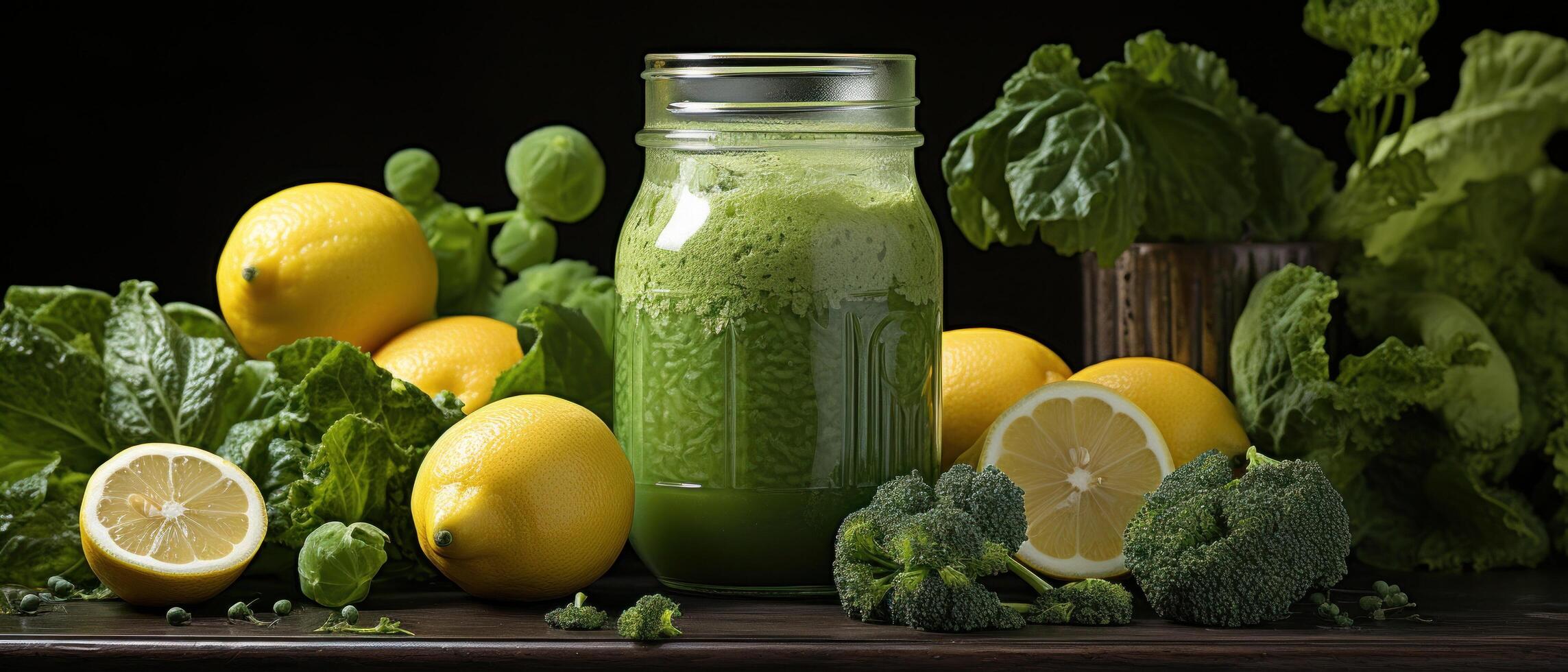 AI generated green smoothie near fresh foods, photo