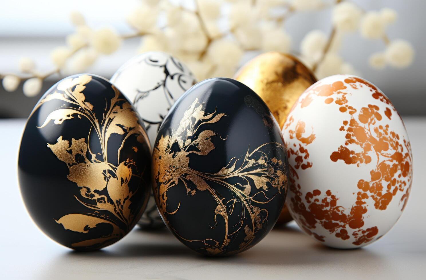 AI generated four black and white easter eggs on a white marble, photo