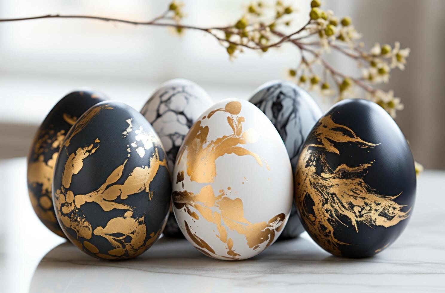 AI generated four black and white easter eggs on a white marble, photo
