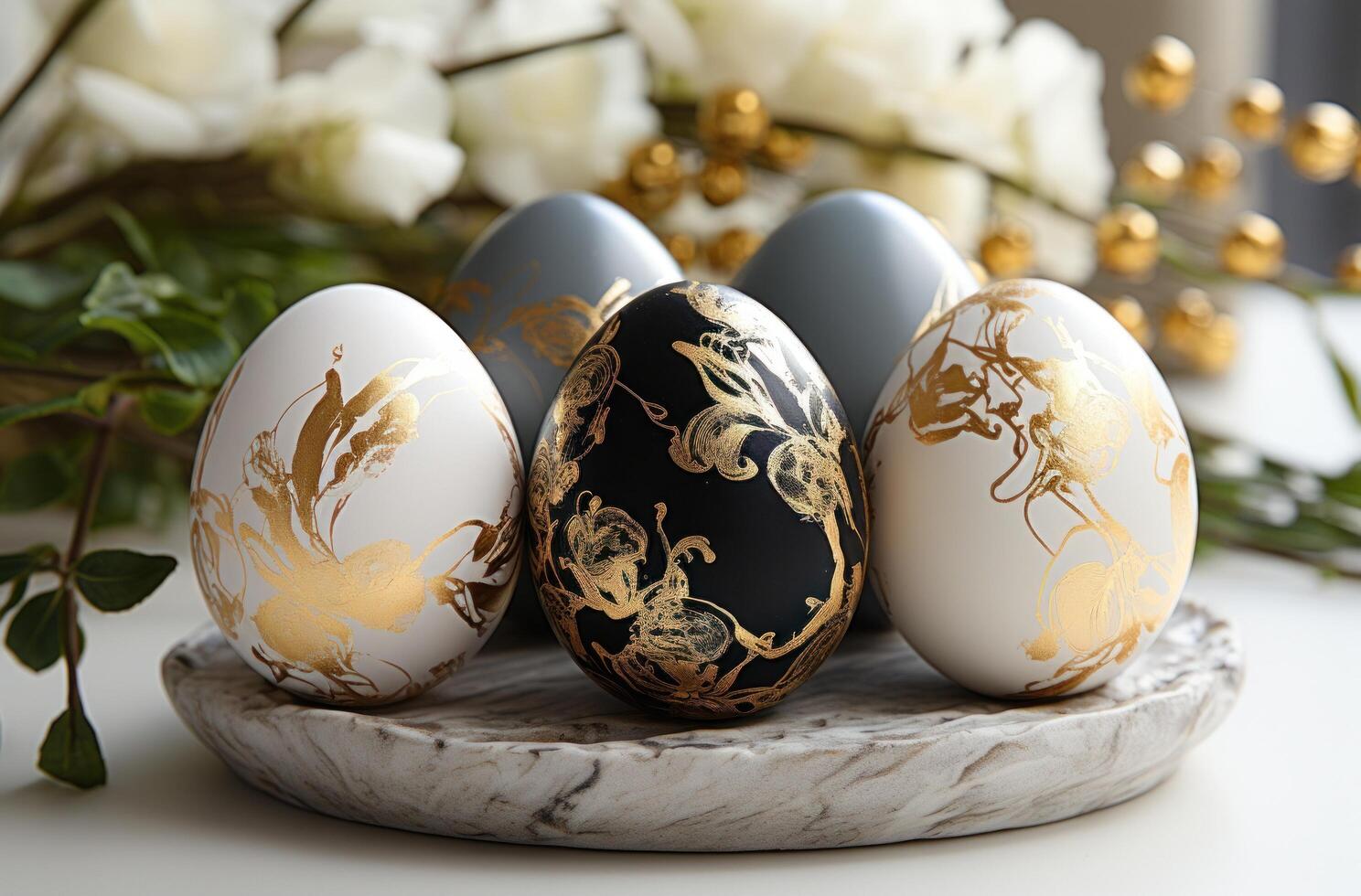 AI generated four black and white easter eggs on a white marble, photo