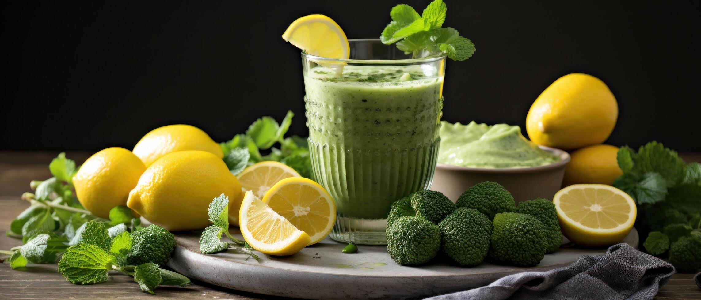 AI generated green smoothie near fresh foods, photo