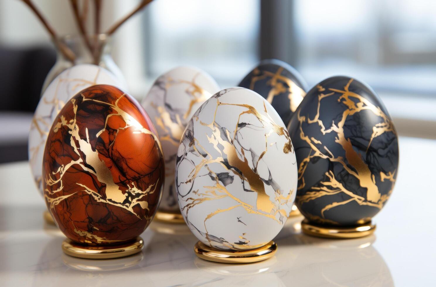 AI generated four black and white easter eggs on a white marble, photo