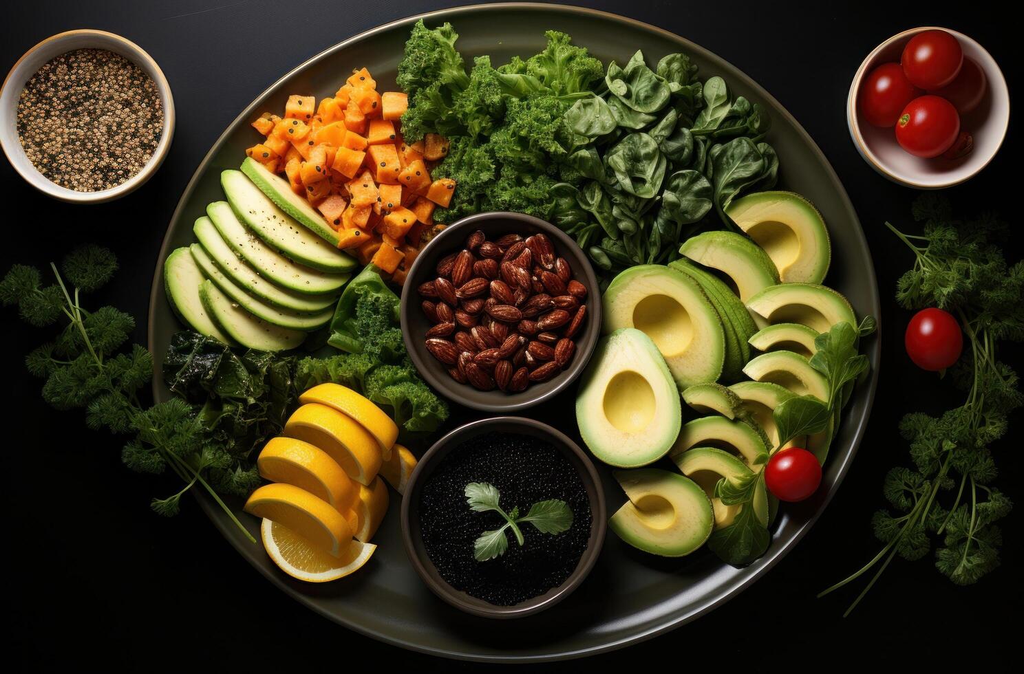 AI generated healthy foods with avocado and coconut oil on a plate, photo