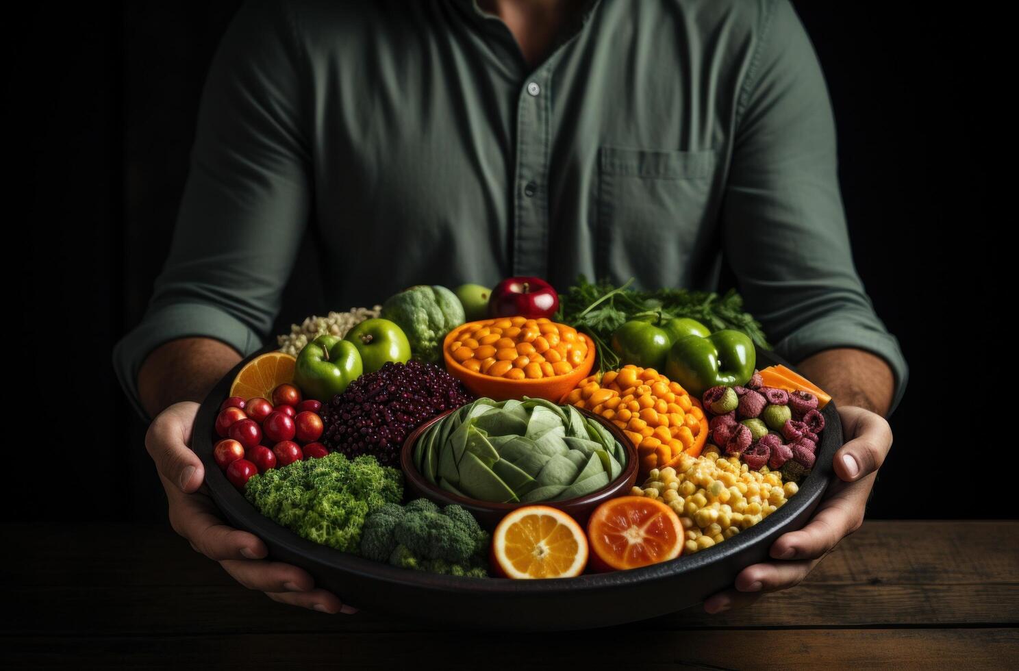 ai generado participación arriba un cuenco lleno de fruta, vegetales y marrón arroz, foto