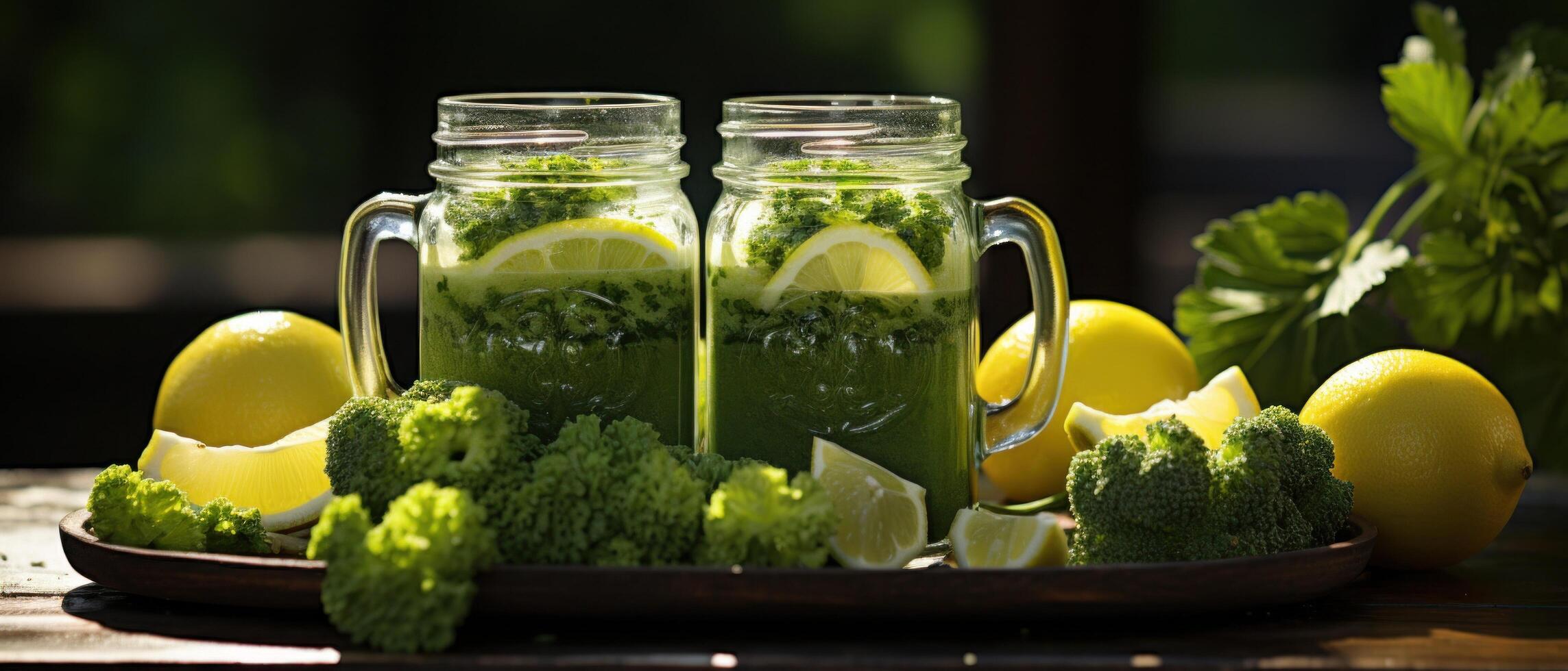 AI generated green smoothie near fresh foods, photo