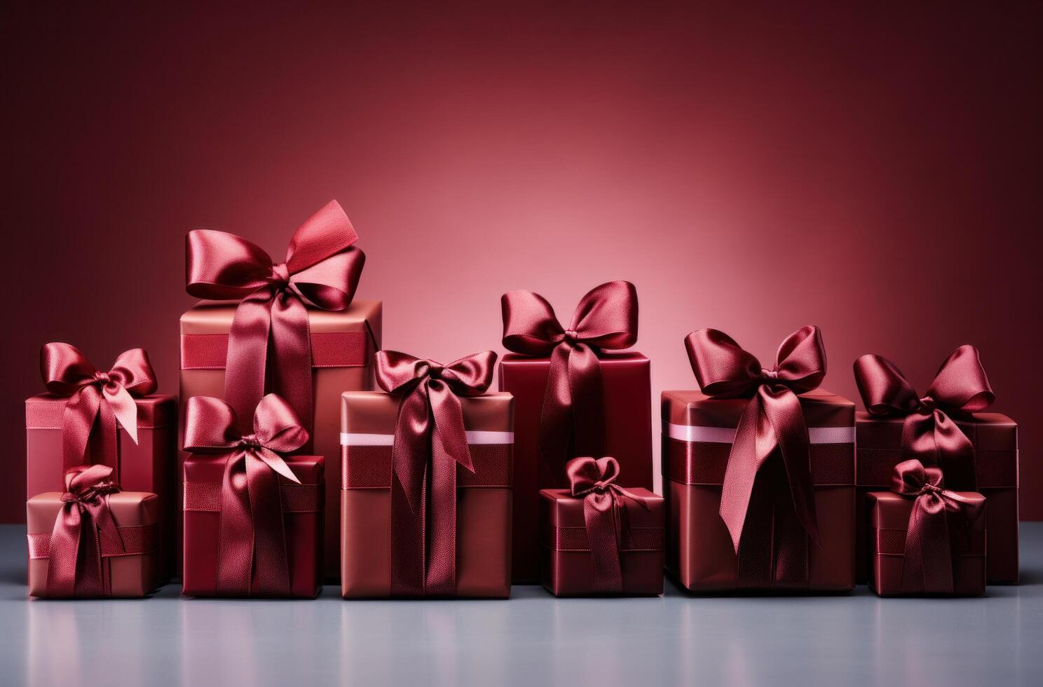 AI generated large christmas gifts with ribbon tied around them on a red background photo