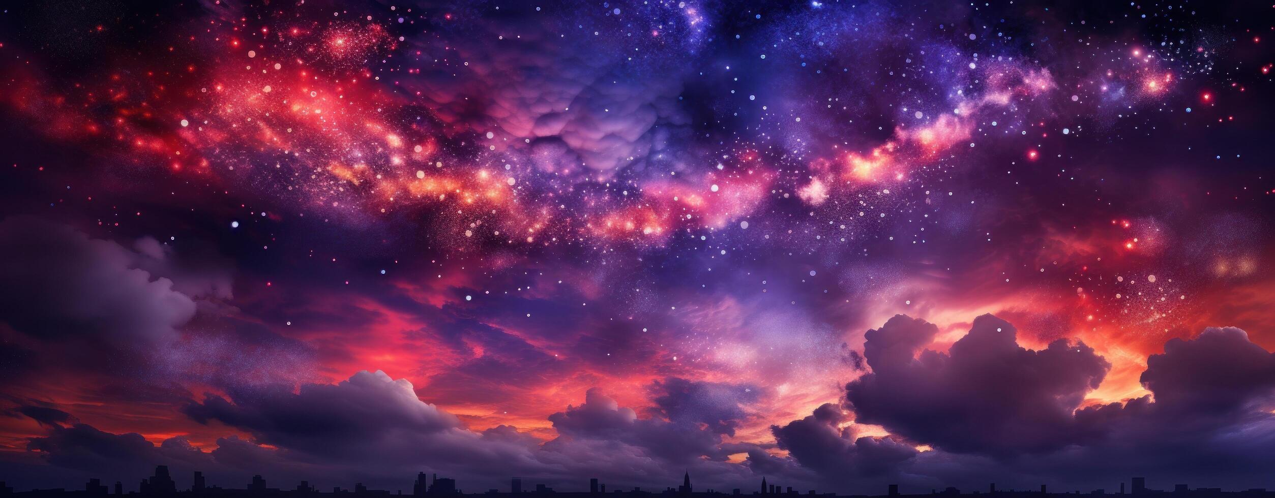 AI generated fireworks and sparklers shining in the late evening sky, photo