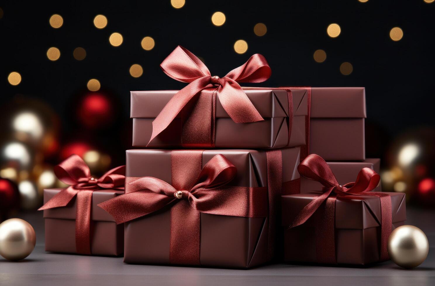 AI generated large christmas gifts with ribbon tied around them on a red background photo