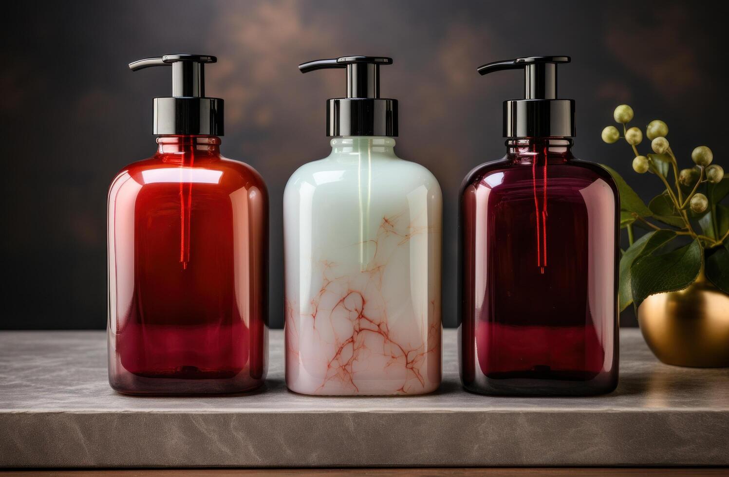 AI generated opal brown glass bottles in soap dispenser soap dispensers, photo